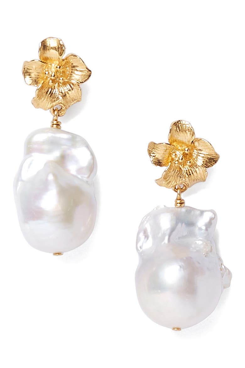 Hibiscus Freshwater Pearl Drop Earrings, Main, color, WHITE PEARL