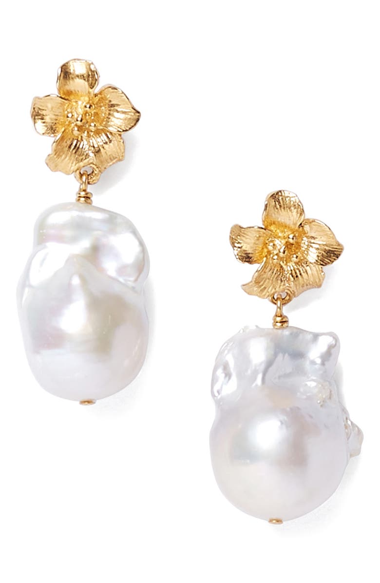 Chan Luu Hibiscus Freshwater Pearl Drop Earrings, Main, color, White Pearl