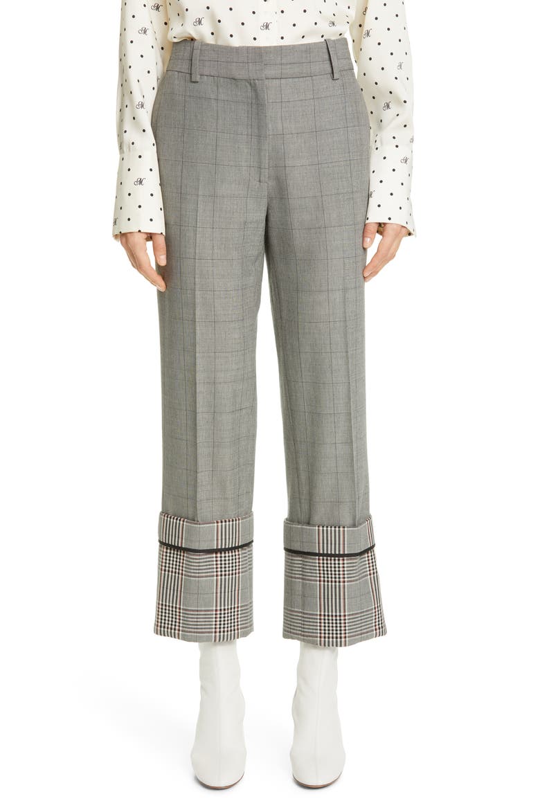 Cuff Hem Plaid Straight Leg Wool Blend Pants, Main, color, BLACK MUTLI