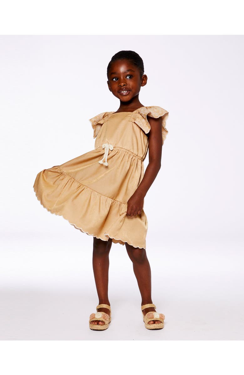 Deux par Deux Baby Girl's Chambray Dress With Embroidery Golden Beige, Alternate, color,