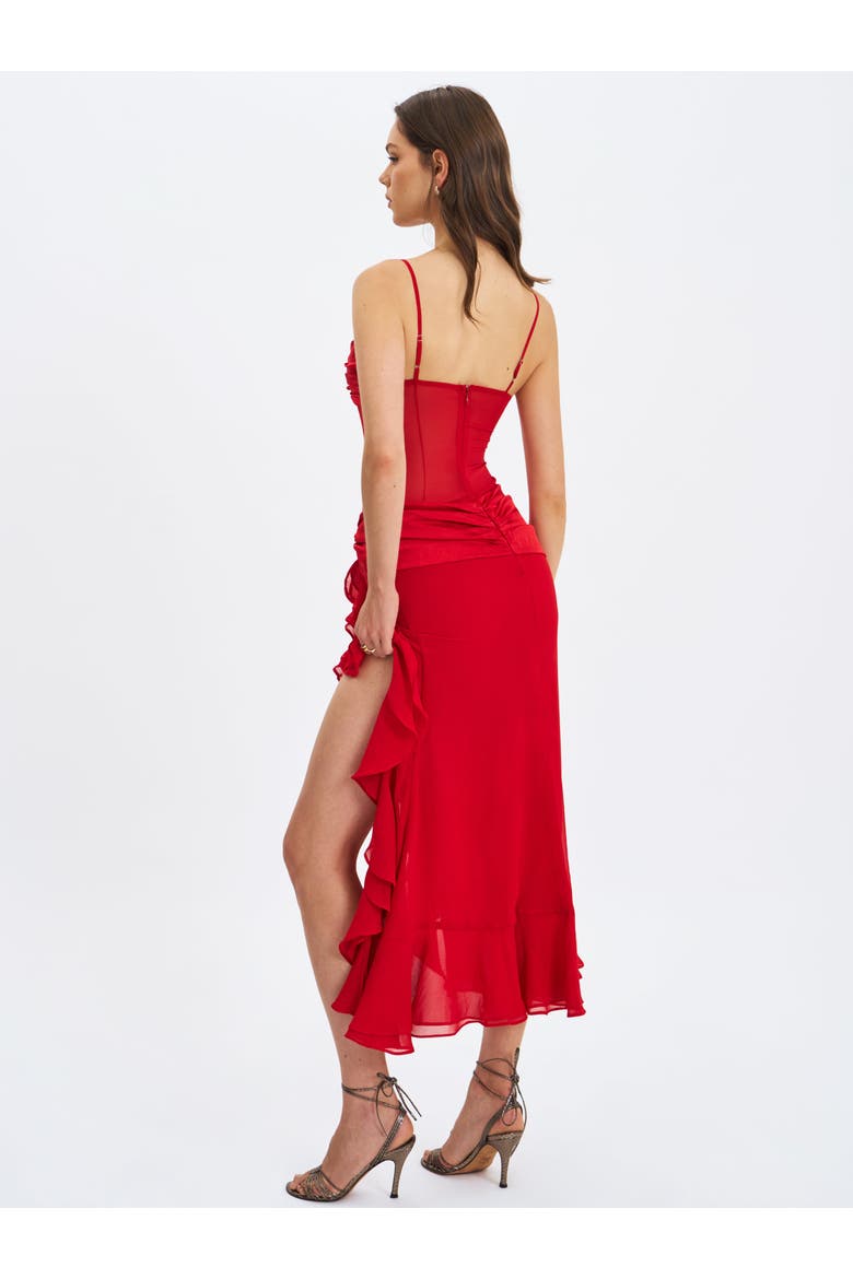 Dahlina Ruched Waist High Slit Maxi Dress, Alternate, color, Red
