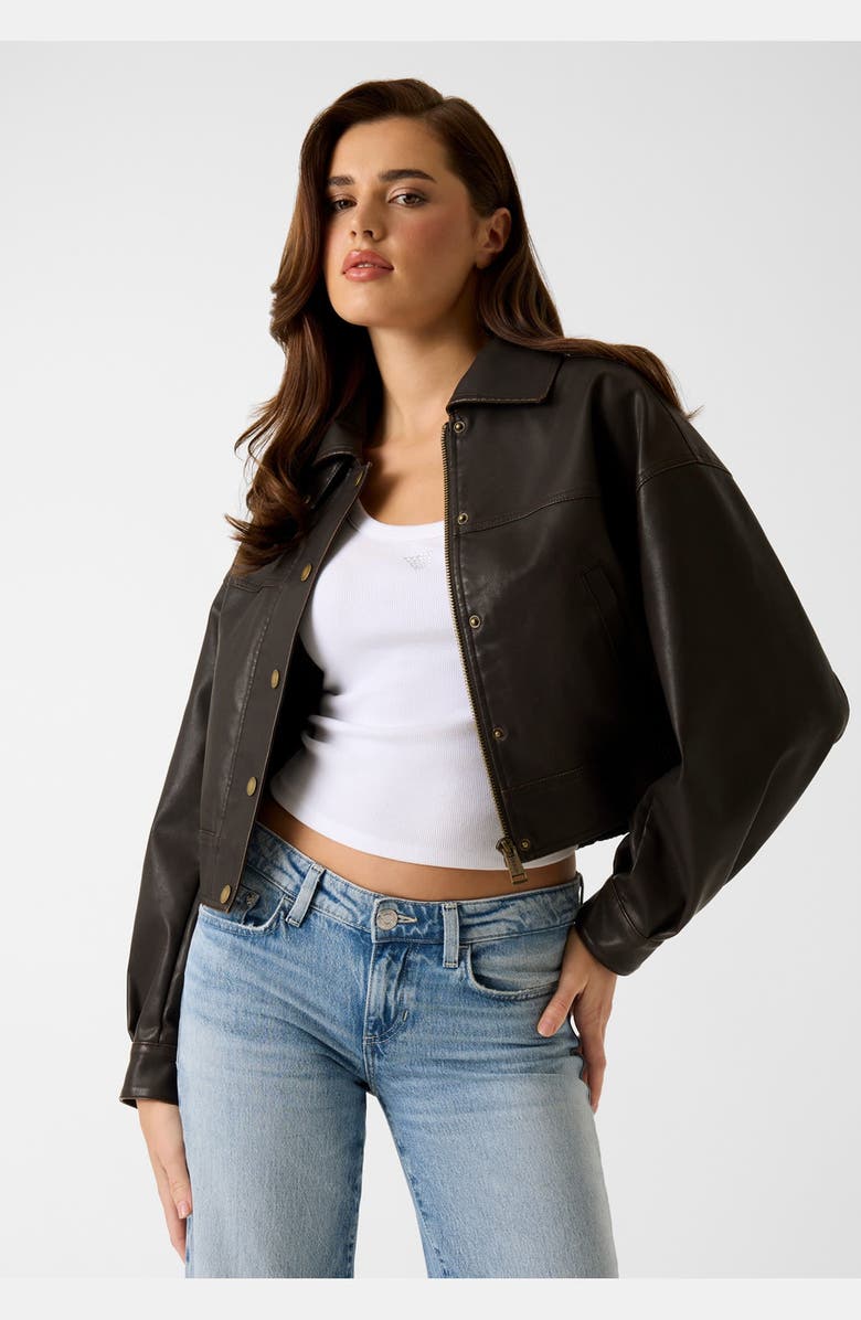 GUESS Clelia Crop Faux Leather Jacket, Alternate, color, Chocolate Brownie Multi