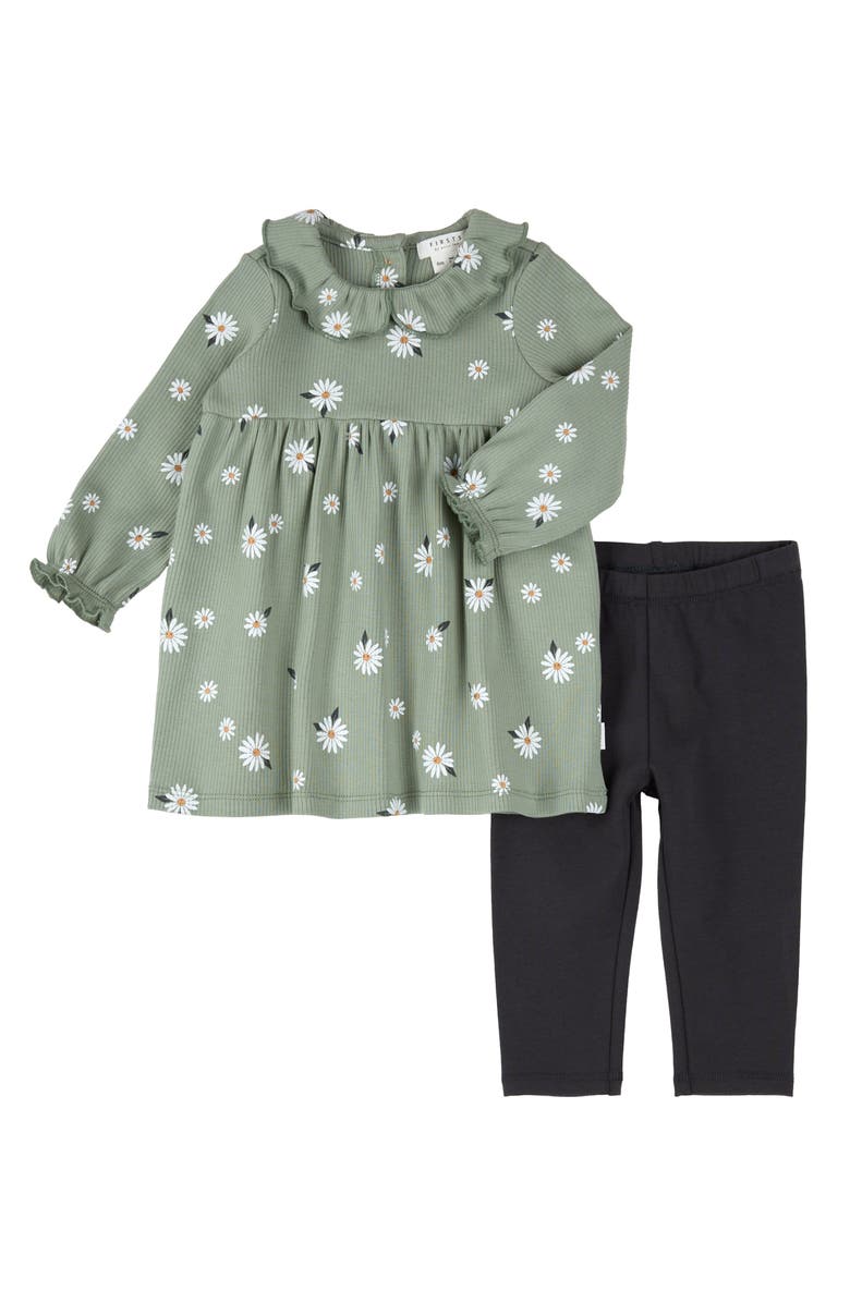 FIRSTS by Petit Lem Daisy Print Long Sleeve Cotton Dress & Leggings Set, Main, color, Green