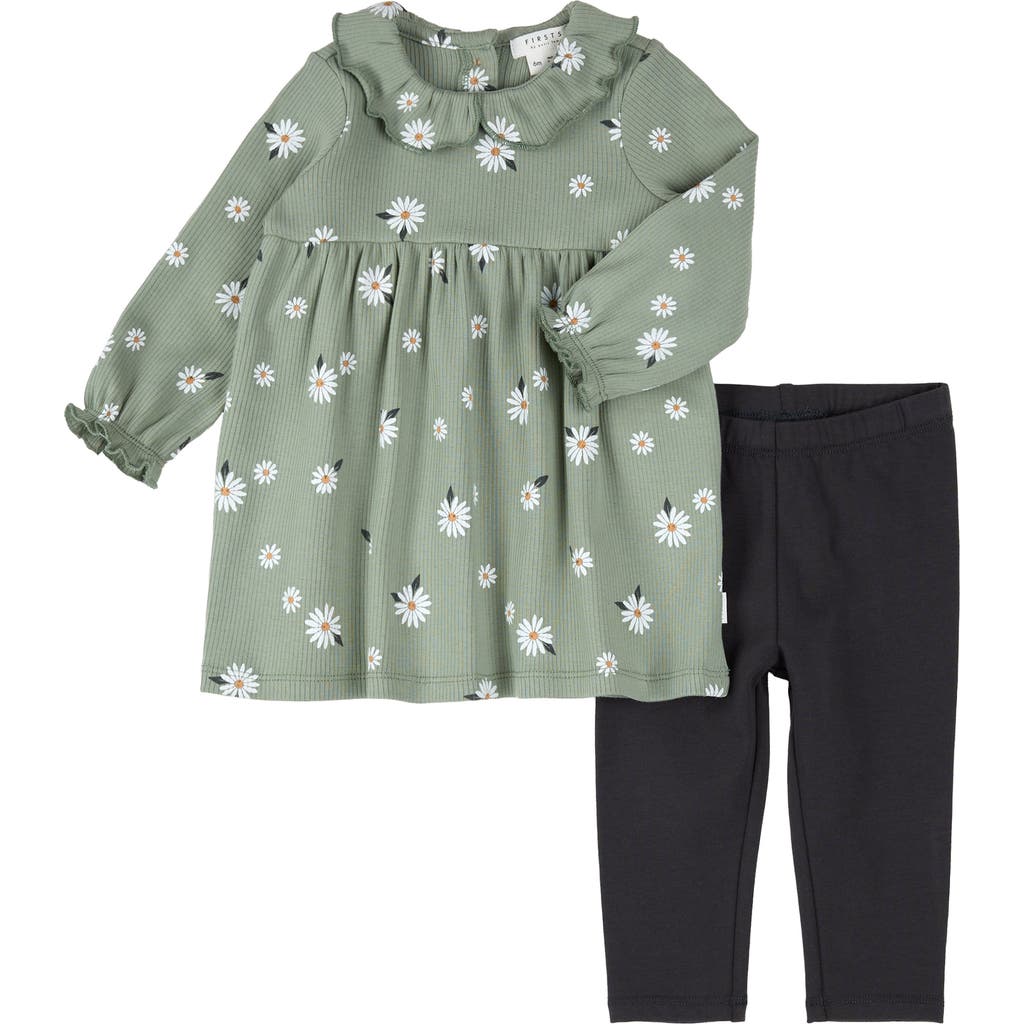 Firsts By Petit Lem Daisy Print Long Sleeve Cotton Dress & Leggings Set In Green