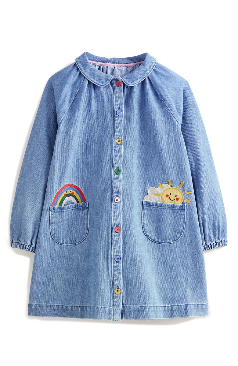 Mini Boden Kids' Appliqué Long Sleeve Denim Shirtdress, Main, color, 