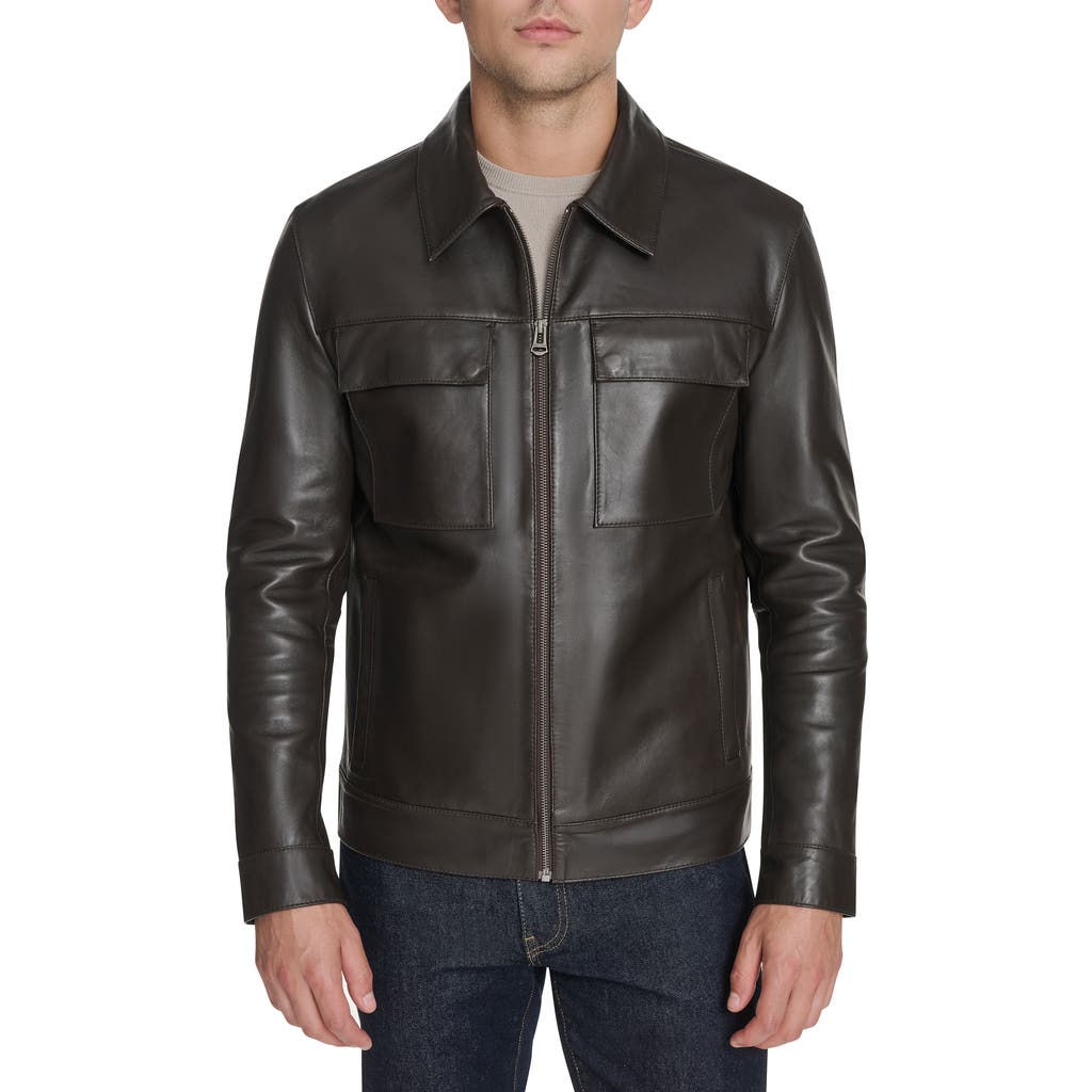 Cole Haan Leather Zip Shirt Jacket In Black