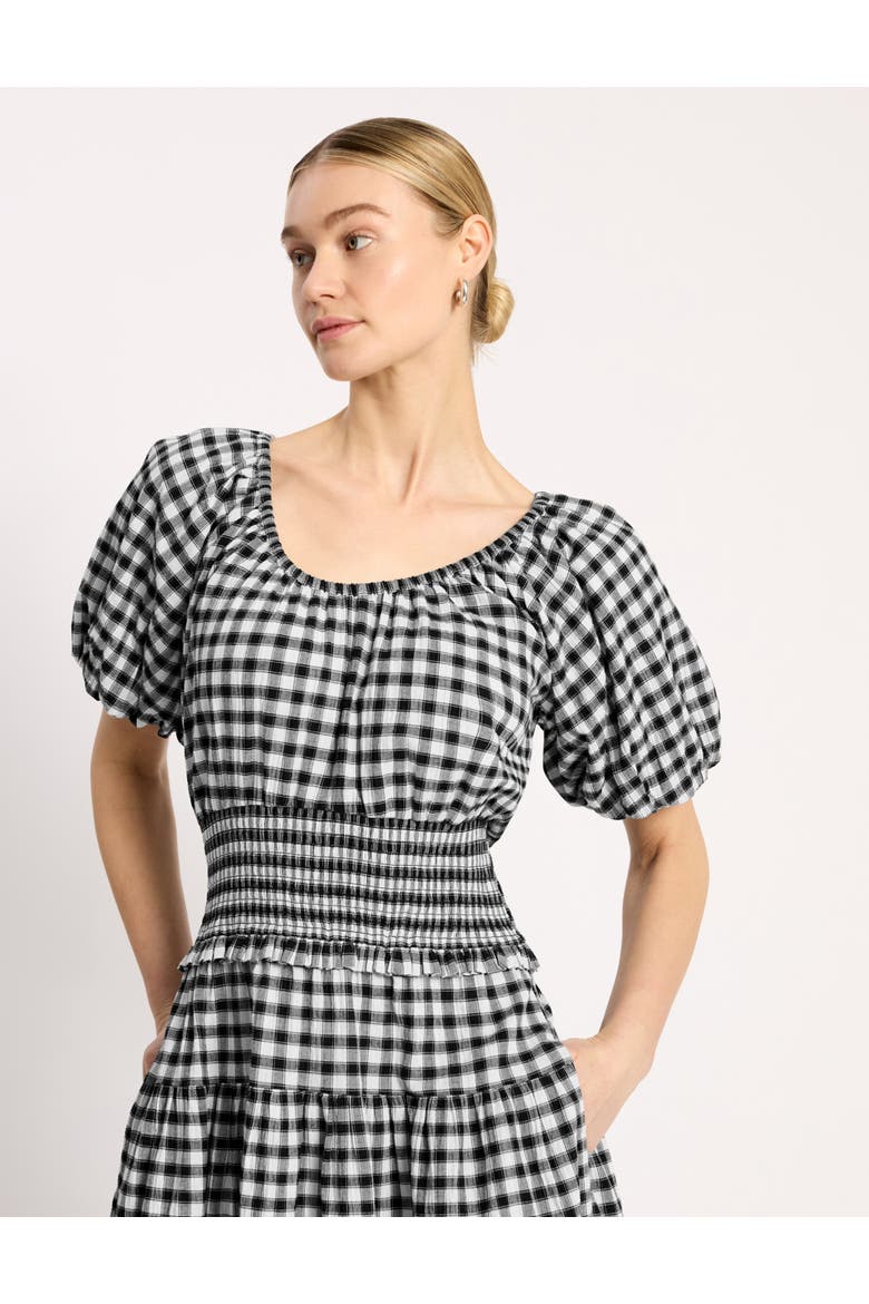 Gingham Blouson Sleeve Midi Dress, Alternate, color, Black