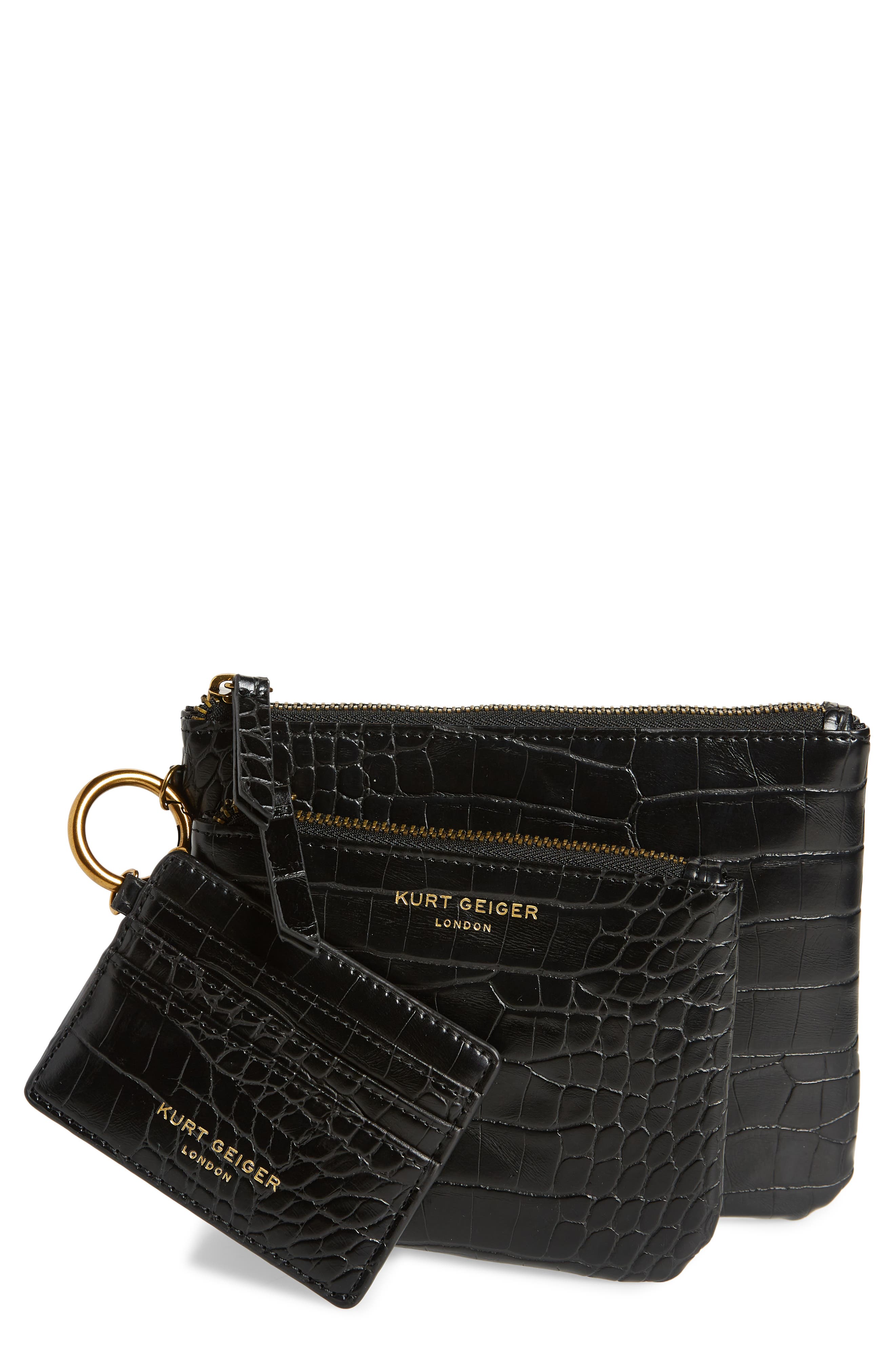 Faux Leather Card Case & Two Pouches Set, Main, color, BLACK