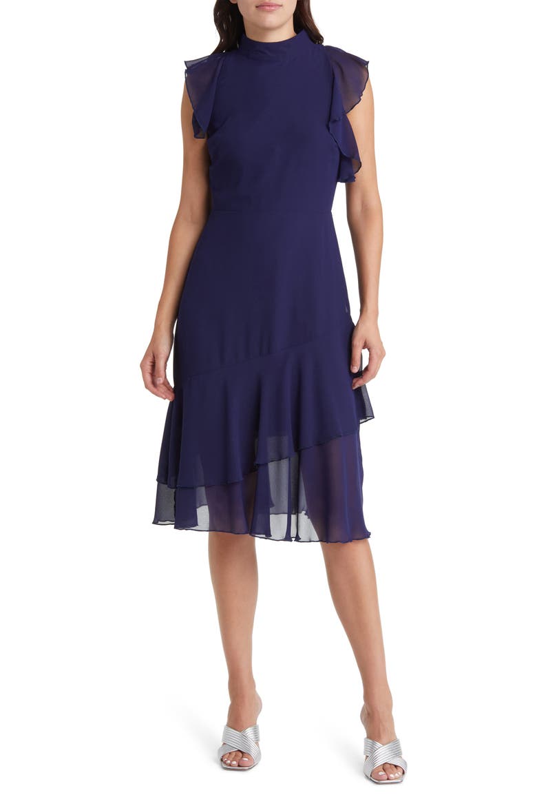 Ruffle Mock Neck Midi Dress, Main, color, NAVY
