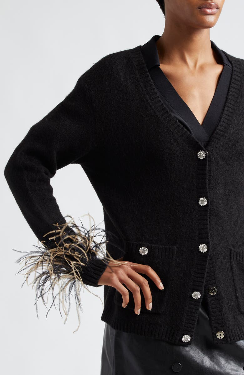 Cinq à Sept Dreama Marnie Feather Trim Cardigan, Alternate, color, Black Multi