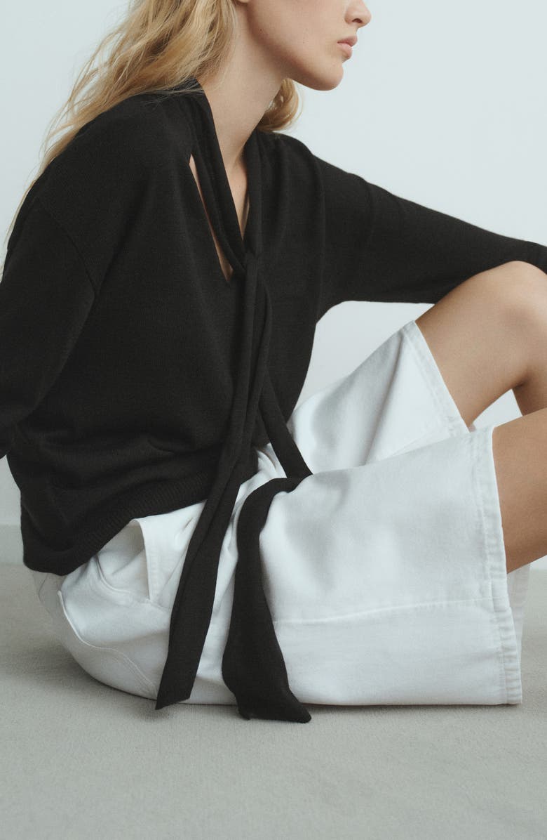 MANGO V-Neck Sweater with Scarf, Alternate, color, Black