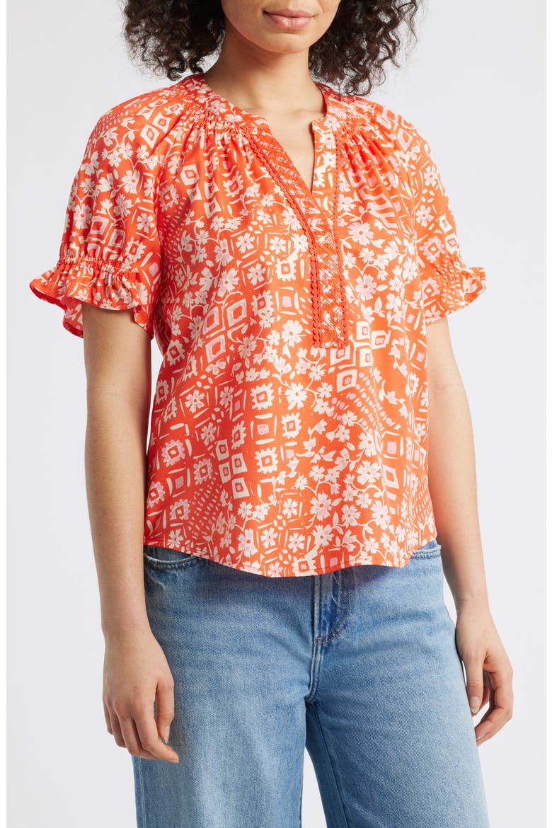 Print Puff Sleeve Top, Main, color, PAPAYA PUNCH MULTI