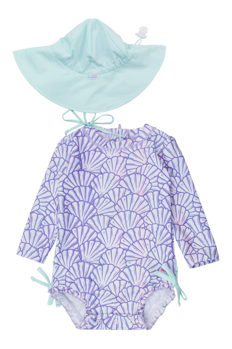 Magical Mermaid Long Sleeve One-Piece Rashguard Swimsuit & Hat Set, Main, color, PURPLE