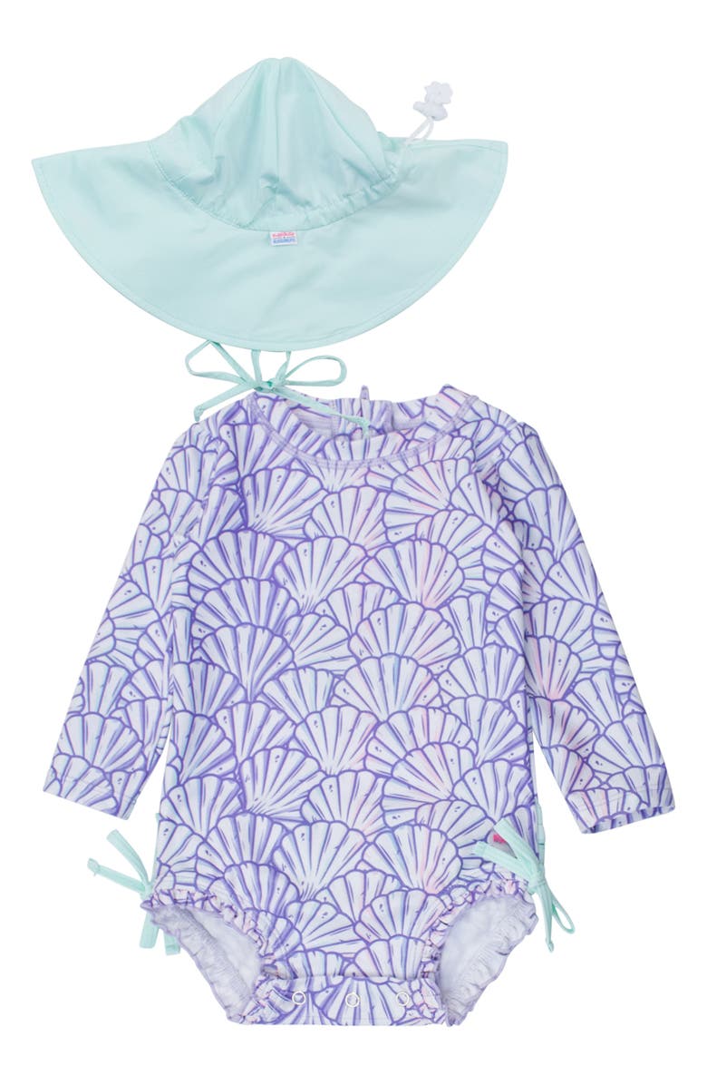 RuffleButts Magical Mermaid Long Sleeve One-Piece Rashguard Swimsuit & Hat Set, Main, color, Purple