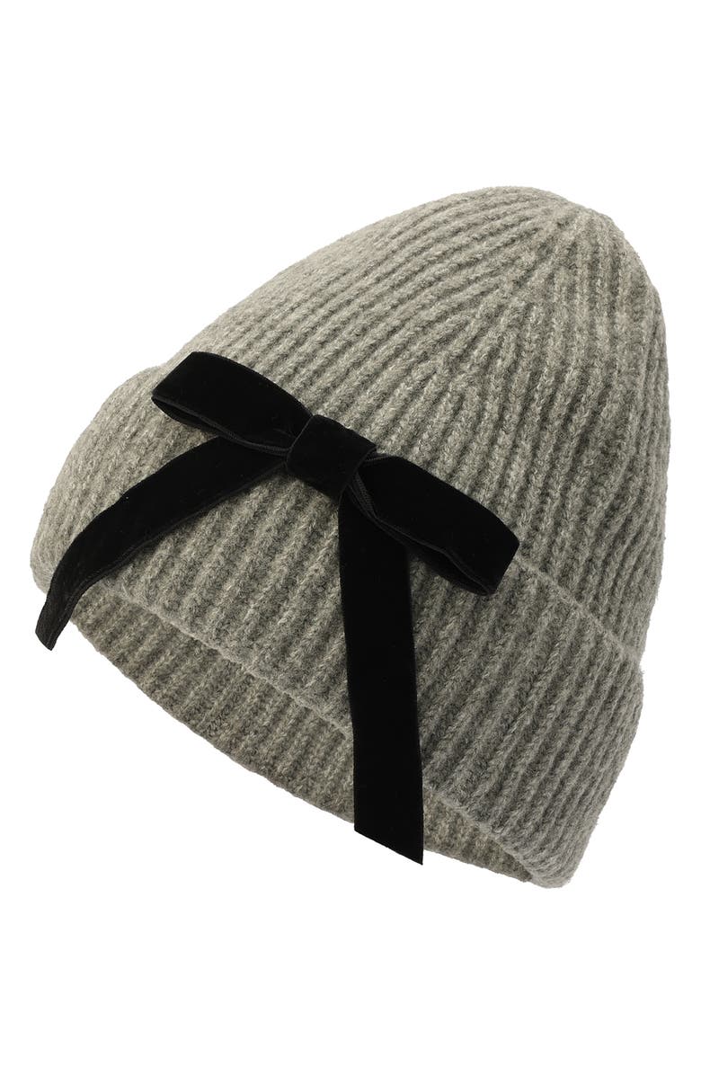 Kate Spade New York Velvet Bow Rib Beanie, Alternate, color, Cinder Grey