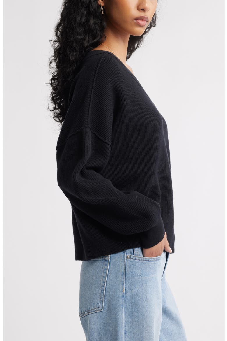 Seamed Oversize V-Neck Rib Sweater, Alternate, color, BLACK