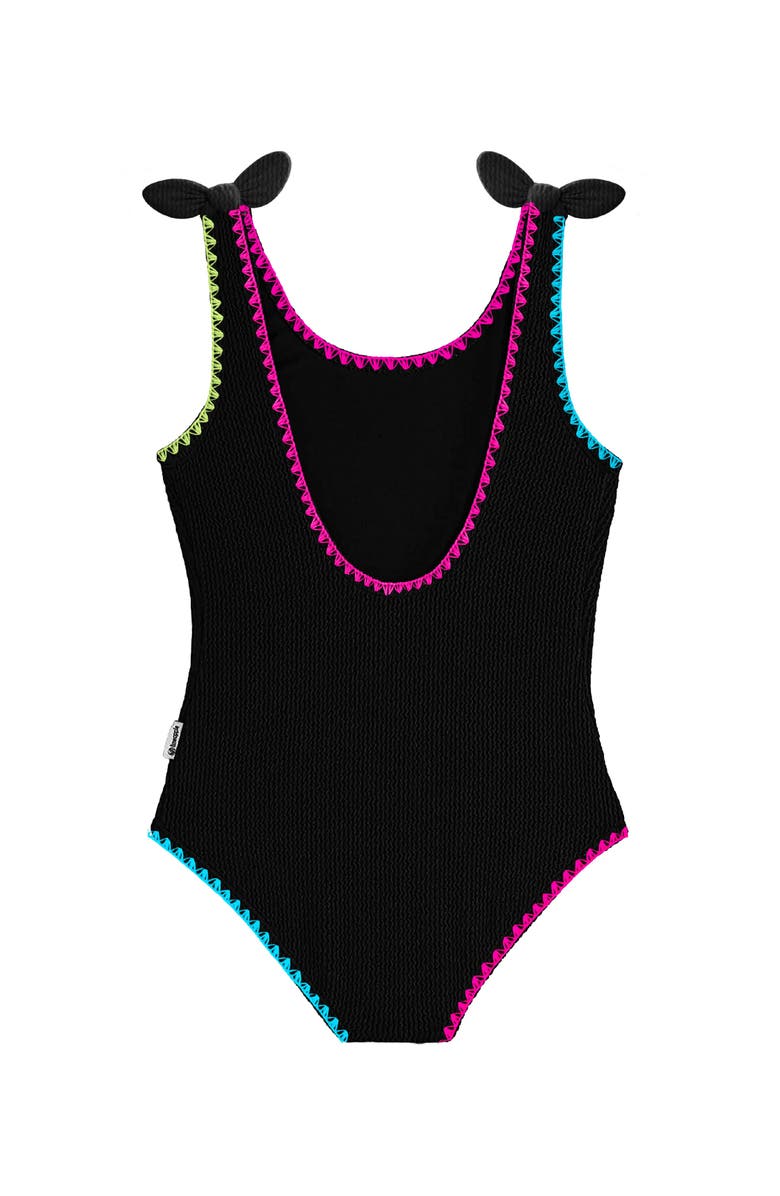 Limeapple Crinkle Bow Tie One Piece, Alternate, color, Black