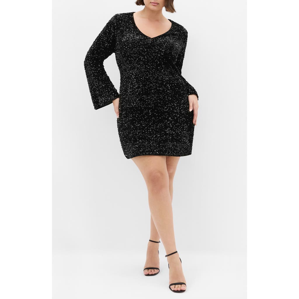City Chic Paislee Sequin Long Sleeve Dress In Black