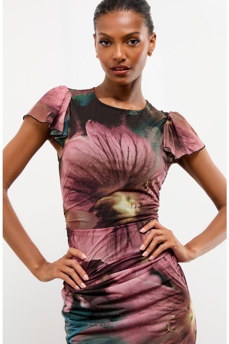 Printed Ruched Mesh Body-Con Midi Dress, Alternate, color, PURPLE/ BLACK