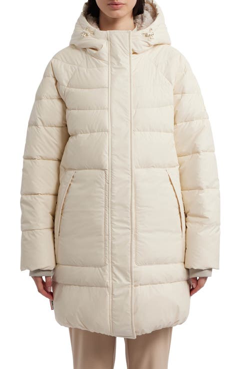 Almond Water Repellent Faux Shearling Lined Hooded Puffer Jacket