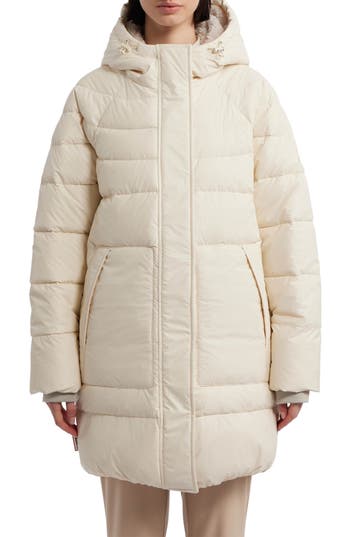 Hunter Almond Water Repellent Faux Shearling Lined Hooded Puffer Jacket In White