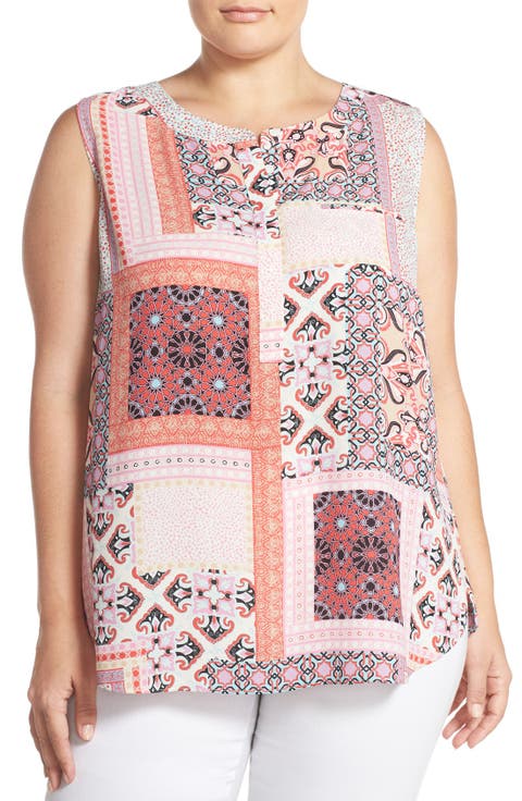 Print Pleat Back Sleeveless Top (Plus Size)