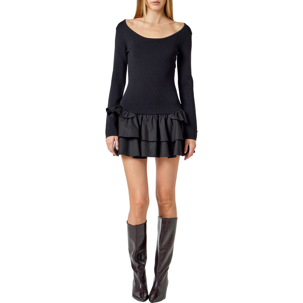 Endless Rose Mixed Media Long Sleeve Minidress In Black
