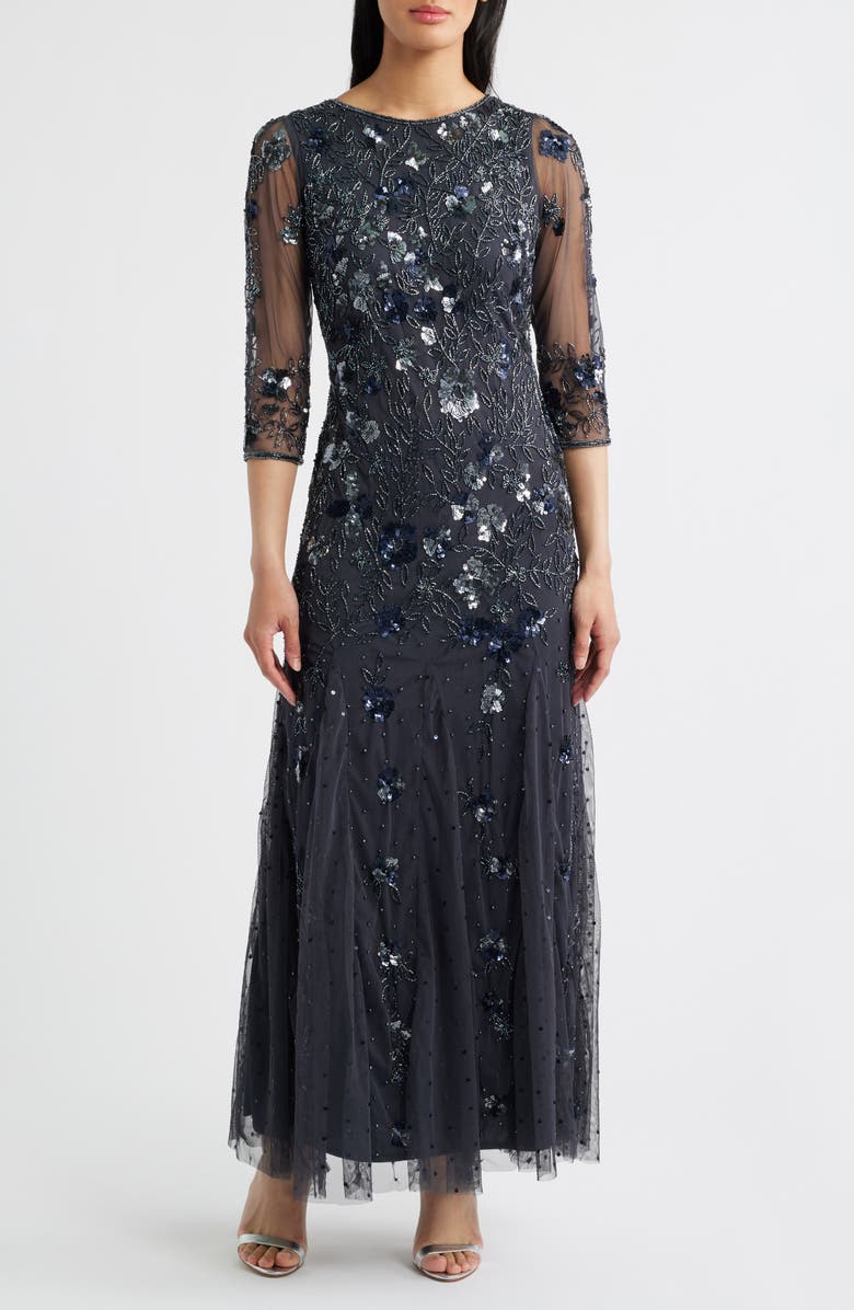 Pisarro Nights Beaded Floral Gown, Main, color, Griffin