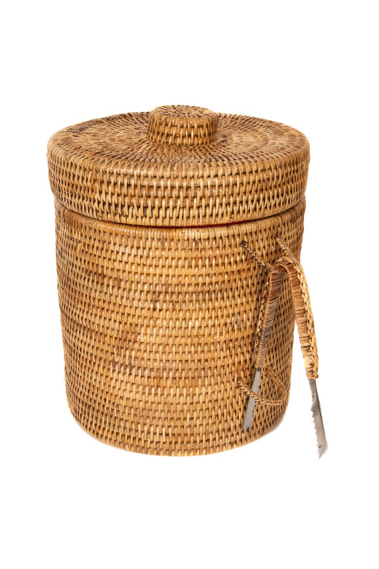 Artifacts Rattan Ice Bucket with Tongs, Alternate, color, Honey Brown