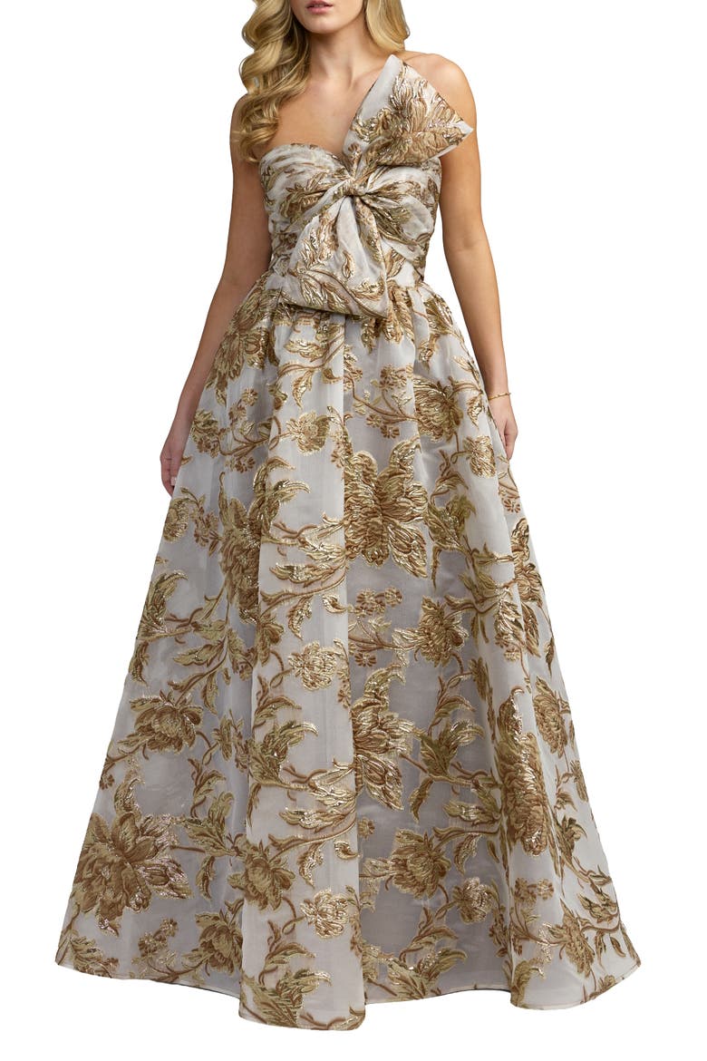 Floral Strapless Brocade Ballgown With Bow, Main, color, Bronze