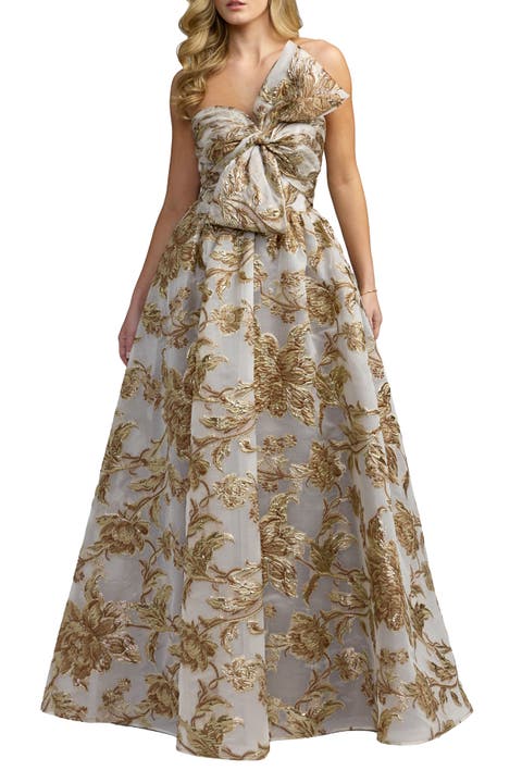 Floral Strapless Brocade Ballgown With Bow