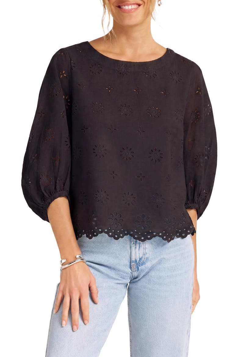 Kashira Eyelet Puff Sleeve Top, Main, color, BLACK