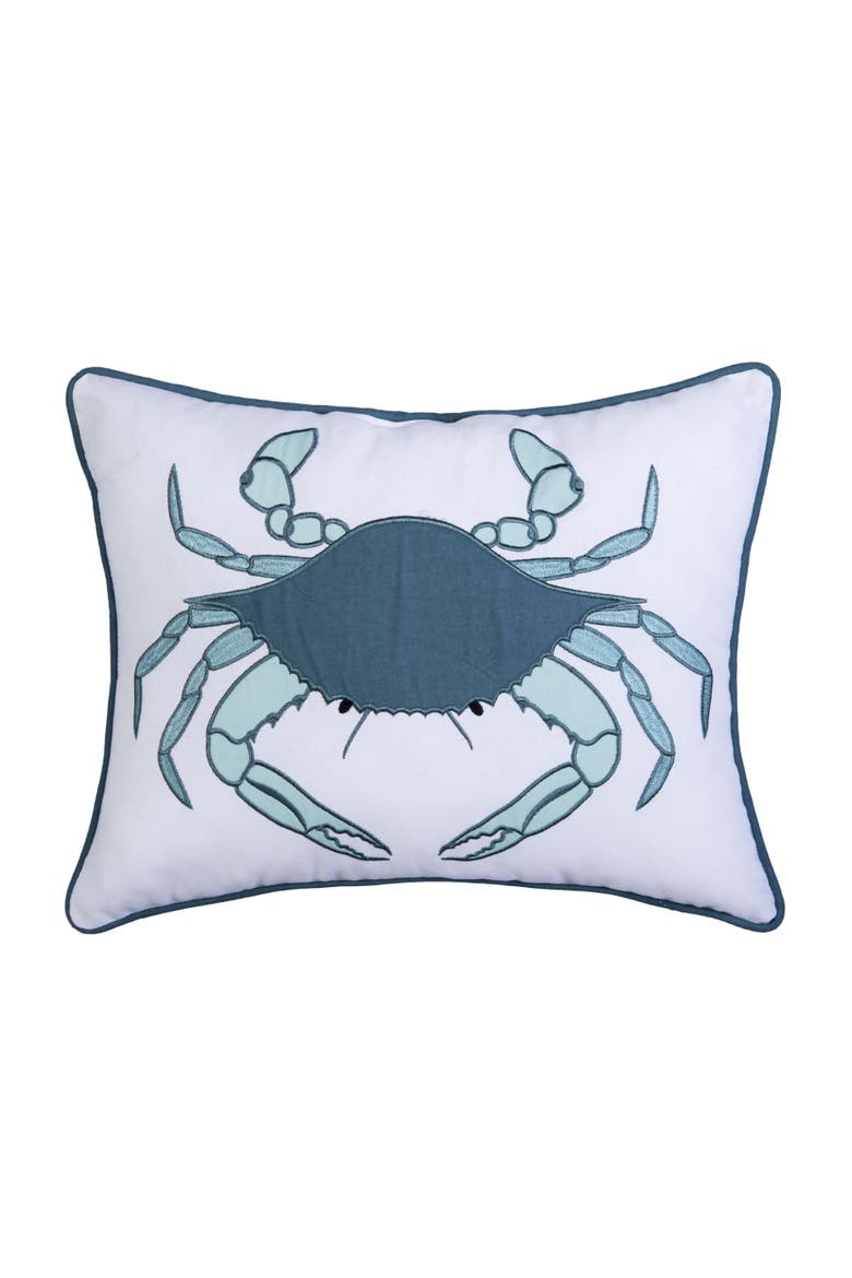 Sea Glass Crab Embroidered Piped Cotton Blend Accent Pillow 14" x 18", Main, color, Blue