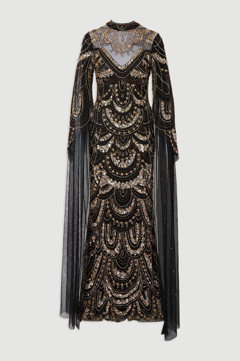 Beaded Midaxi Cape Dress, Alternate, color, Black