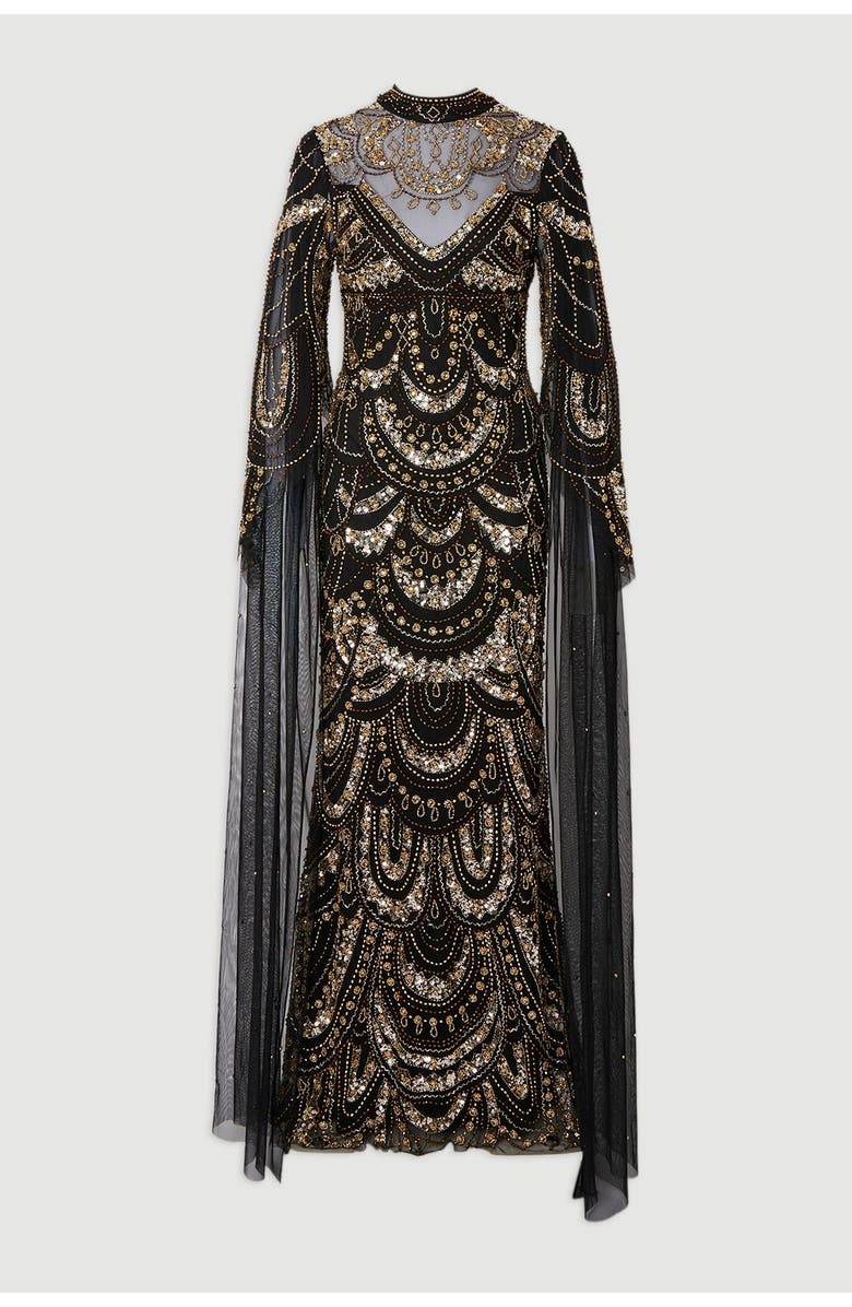 Karen Millen Beaded Midaxi Cape Dress, Alternate, color, Black