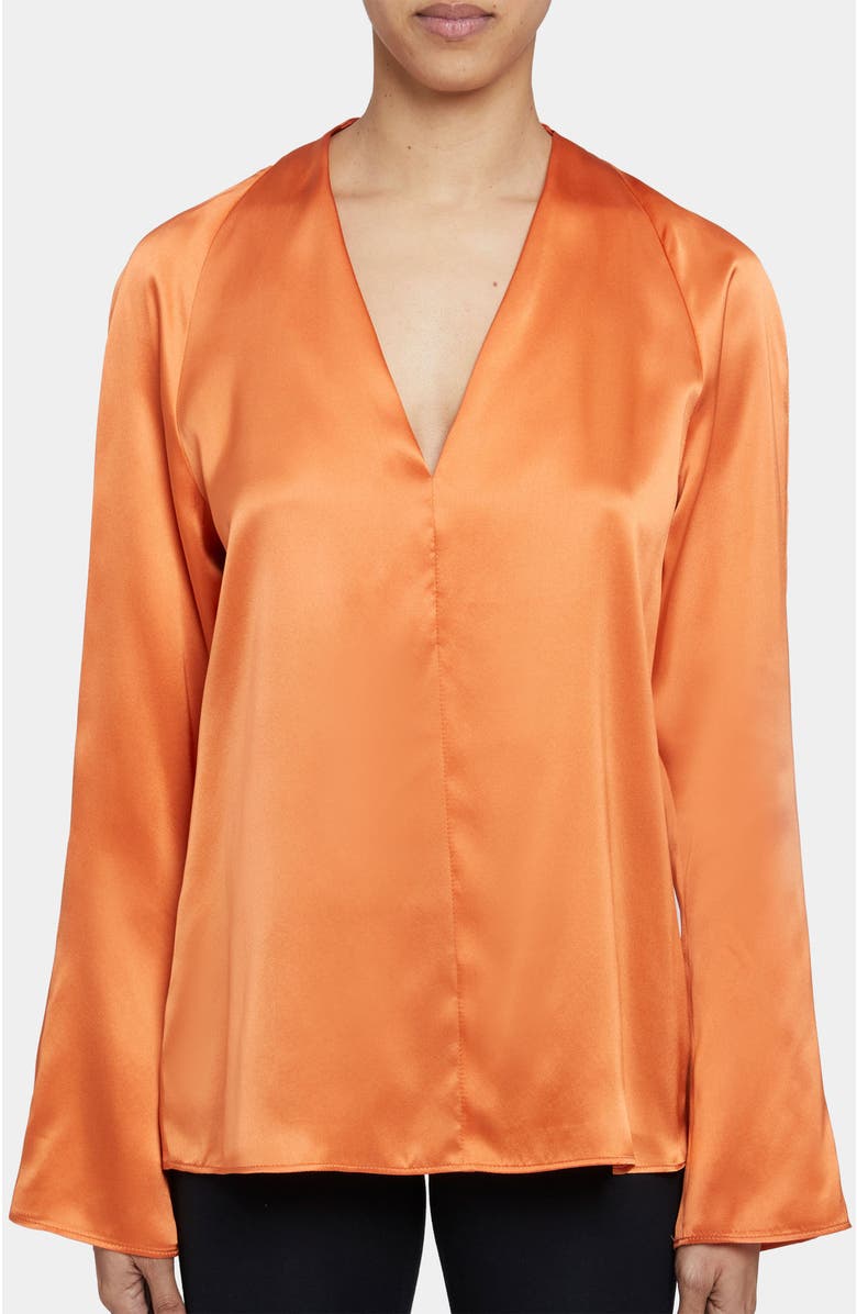 Santorelli ZURI Long Sleeve V-Neck Blouse in Silk Charmeuse, Main, color, Orange Glow