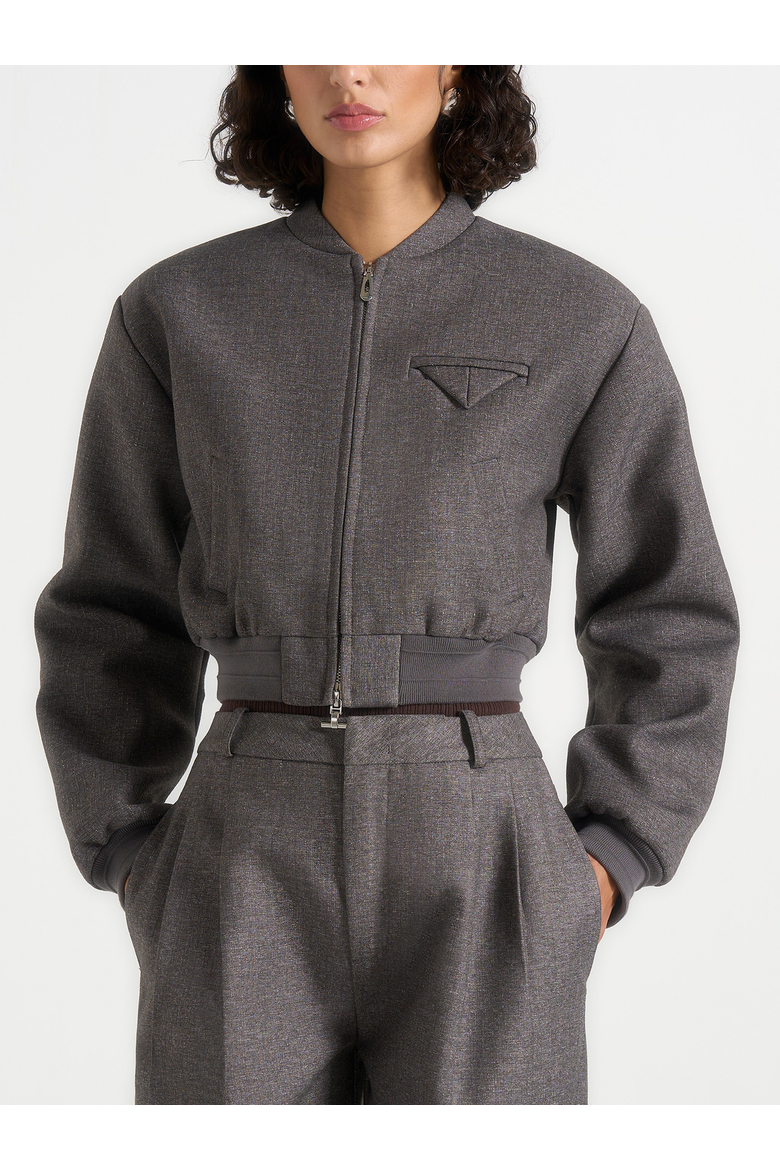 Monique Exaggerated Shoulder Bomber Jacket, Main, color, Grey Speckle