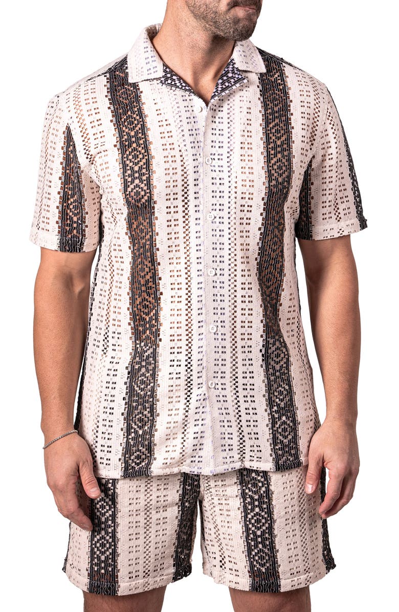 Maceoo Stripescream Open Stitch Short Sleeve Cotton Button-Up Shirt, Alternate, color, Stripe/ Cream/ White