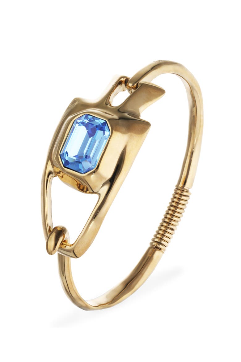 Gold-Tone Sculptural Bracelet with Blue Crystal, Alternate, color, Gold
