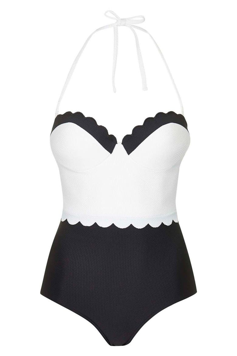 Scalloped One Piece Swimsuit, Alternate, color, BLACK