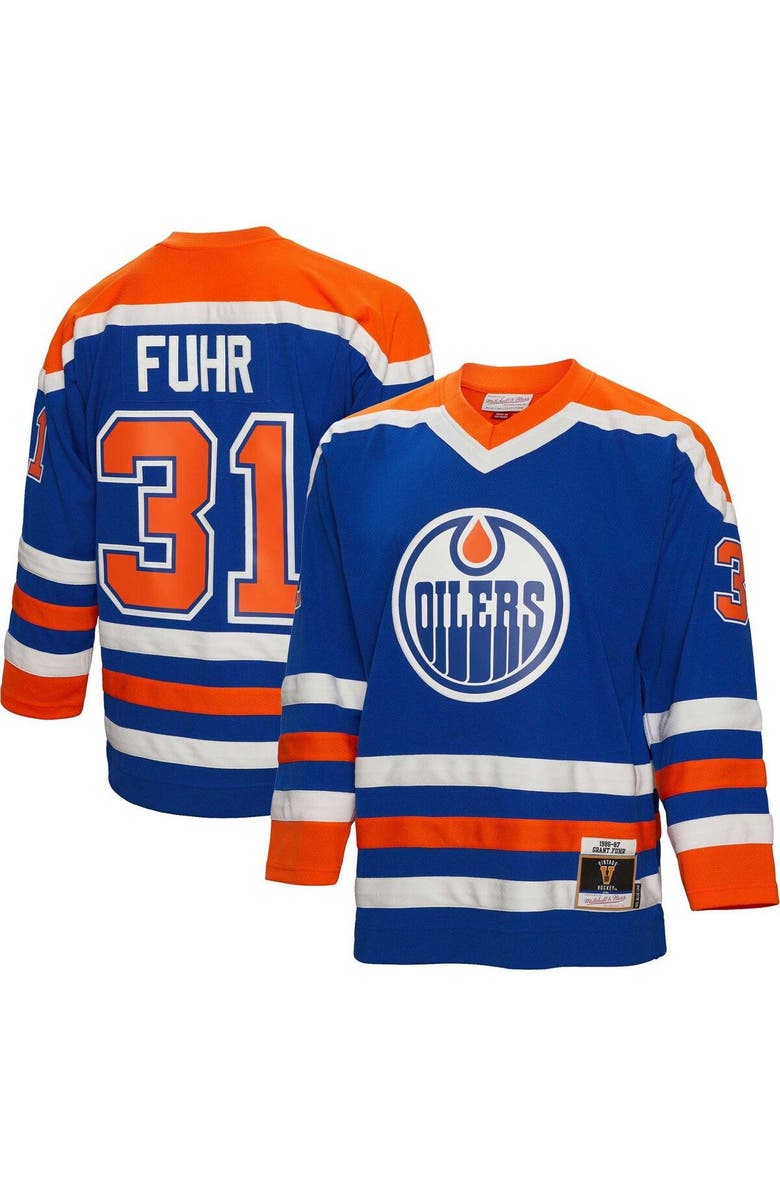 Mitchell & Ness Men's Mitchell & Ness Grant Fuhr Royal Edmonton Oilers 1986/87 Blue Line Player Jersey, Alternate, color,