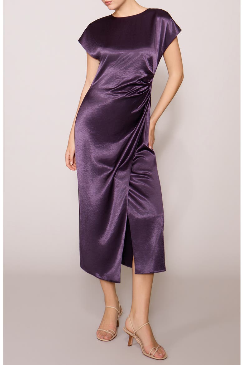 Cap Sleeve Side Cinched Satin Midi Dress, Alternate, color, EGGPLANT