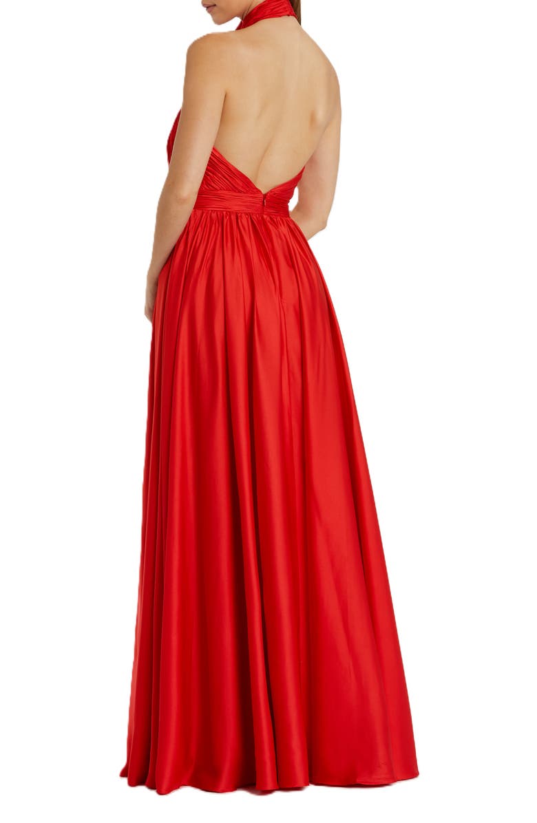 Mac Duggal Floor-Length Chiffon Dress with Ruched Waist and Thigh Slit, Alternate, color, Cherry