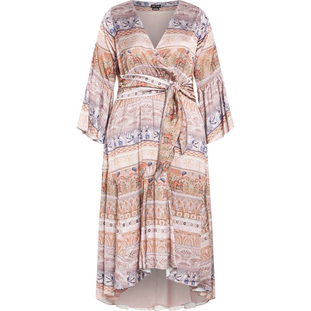 City Chic Nile Tie Front Long Sleeve Maxi Dress In Multi