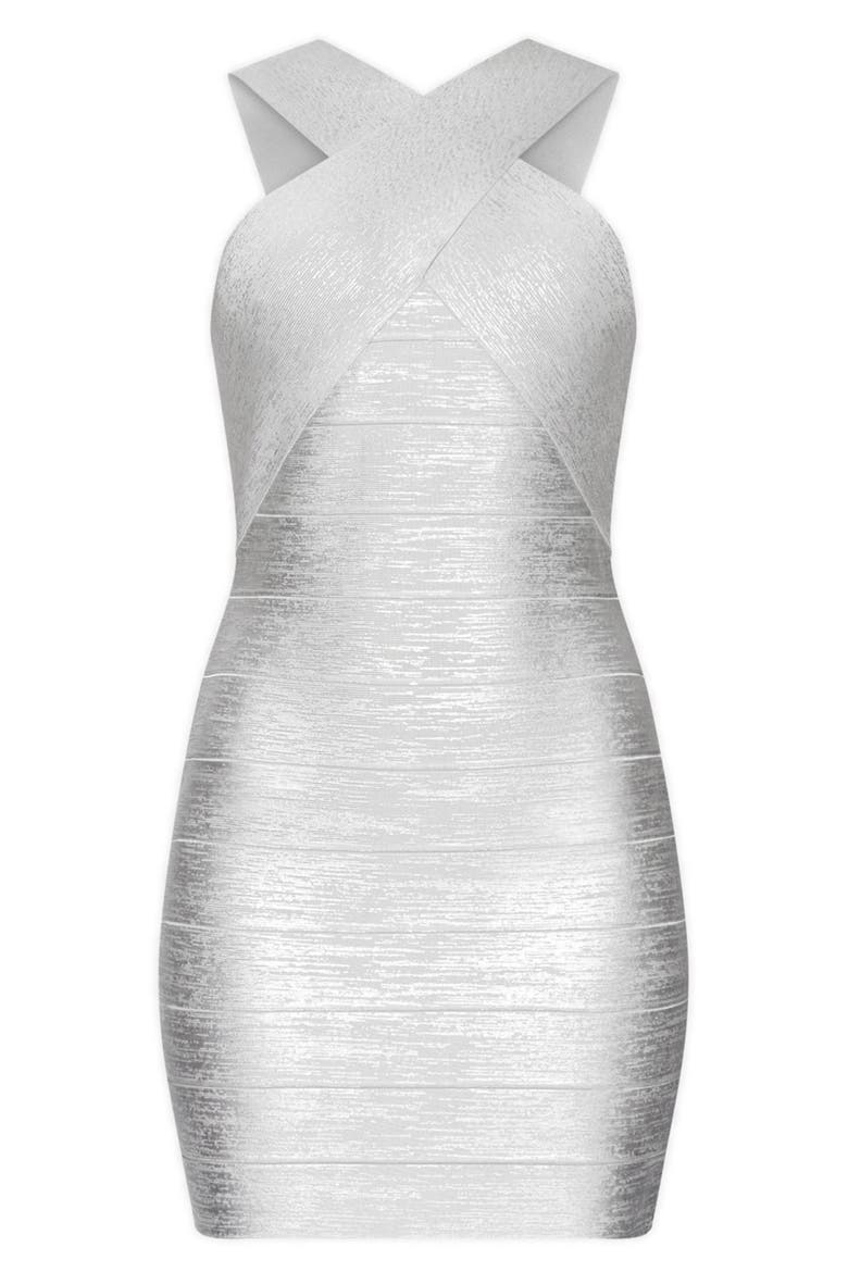 Crisscross Metallic Foil Bandage Minidress, Alternate, color, SILVER FOIL