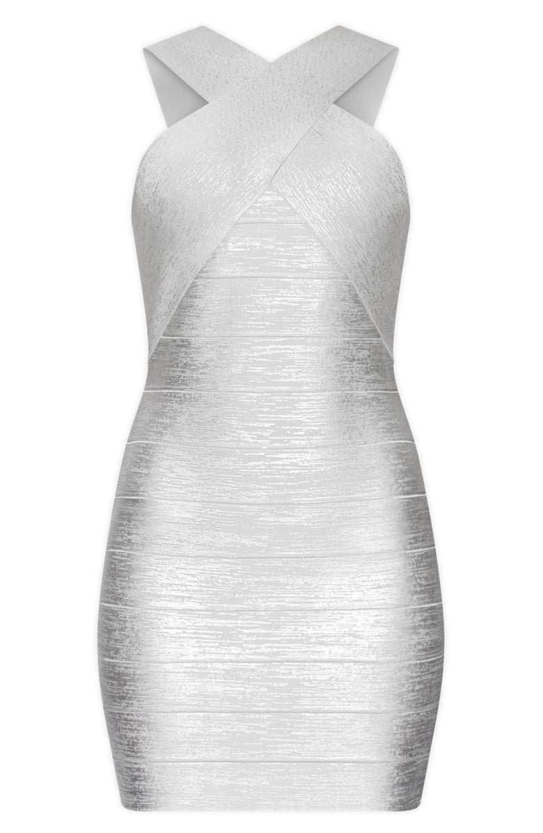 Herve Leger Crisscross Metallic Foil Bandage Minidress, Alternate, color, Silver Foil