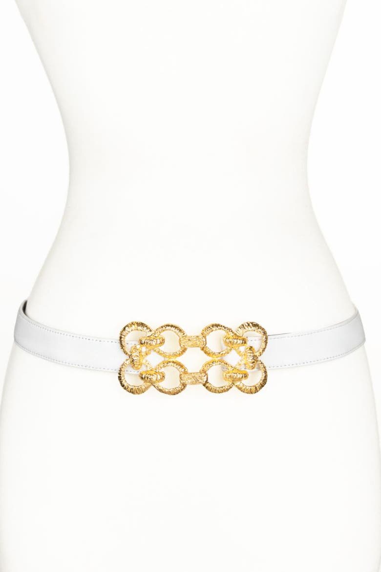 Golden Loops Buckle Leather Belt, Main, color, White
