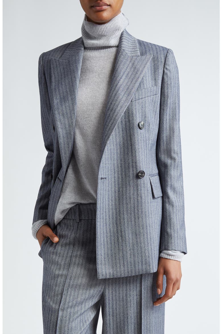 Double Breasted Herringbone Stretch Wool Blazer, Main, color, DENIM BLUE