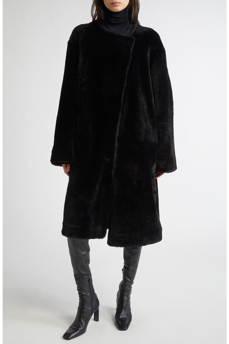 Collarless Genuine Shearling Coat, Main, color, BLACK