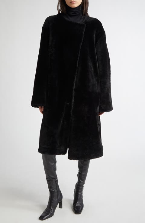 Collarless Genuine Shearling Coat